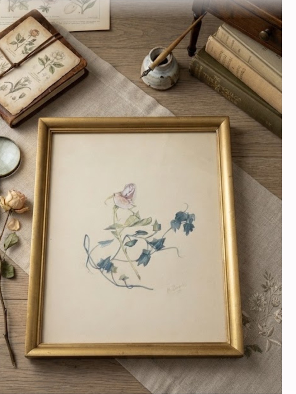 Original Mary Mason Brooks Signed Watercolor Painting "An Old Garden Rose" Frame